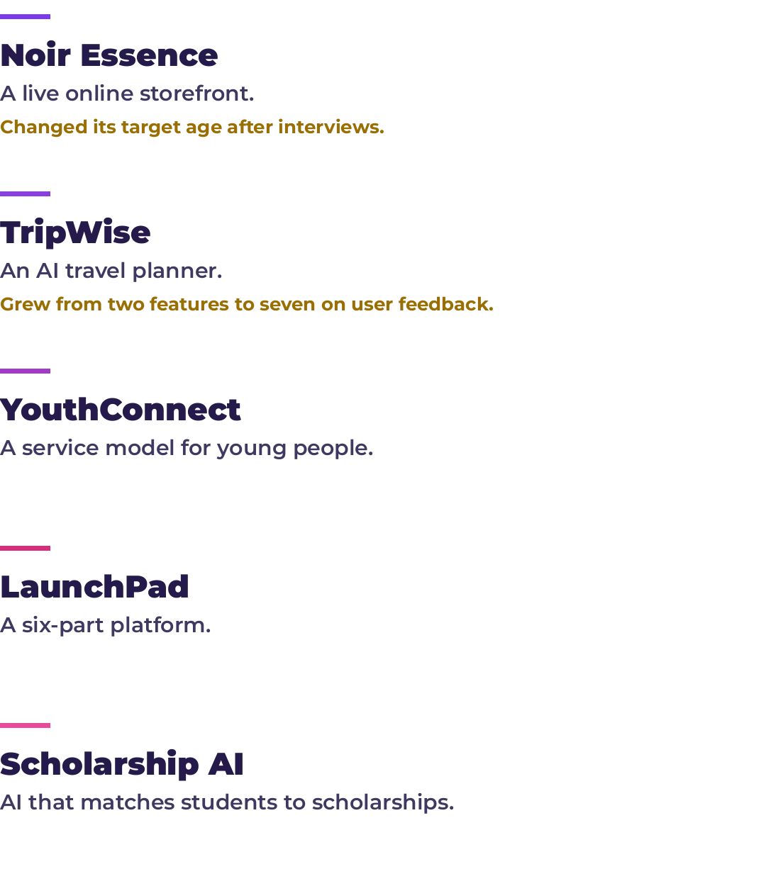 The five solutions: Noir Essence, a live online storefront; TripWise, an AI travel planner; YouthConnect, a service model for young people; LaunchPad, a six-part platform; and Scholarship AI, which matches students to scholarships.
