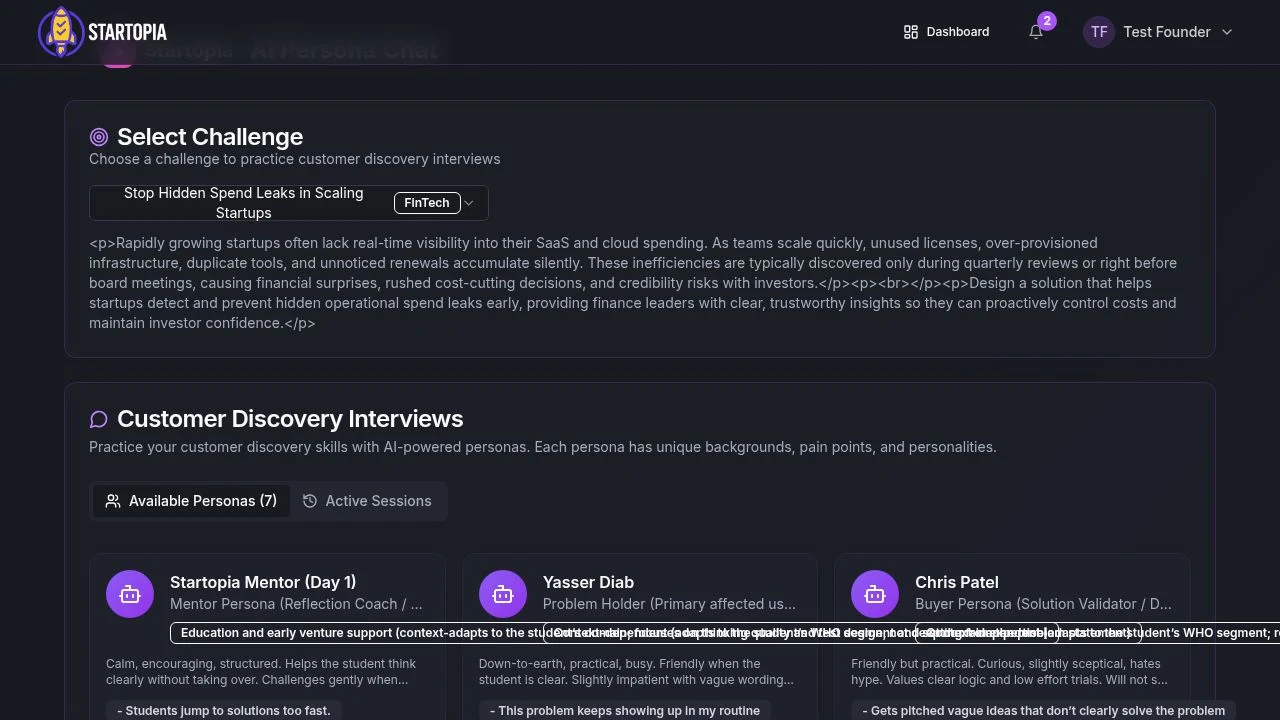 AI Personas module inside Startopia Challengers enabling realistic customer interviews