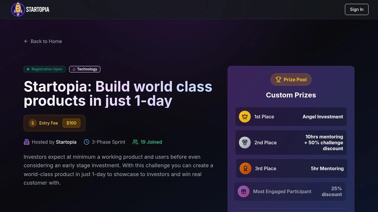Startopia 1-day product build challenge detail page showing prize pool: Angel Investment 1st, mentoring 2nd, 19 founders joined