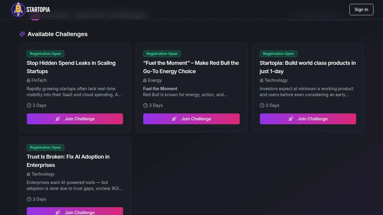 Discover Challenges page showing available challenges from DayZero Pay, Red Bull, Startopia and other organisations