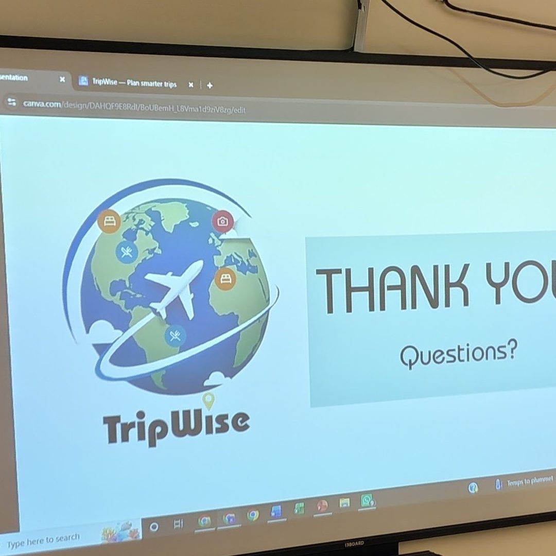 A student team's final pitch slide on screen