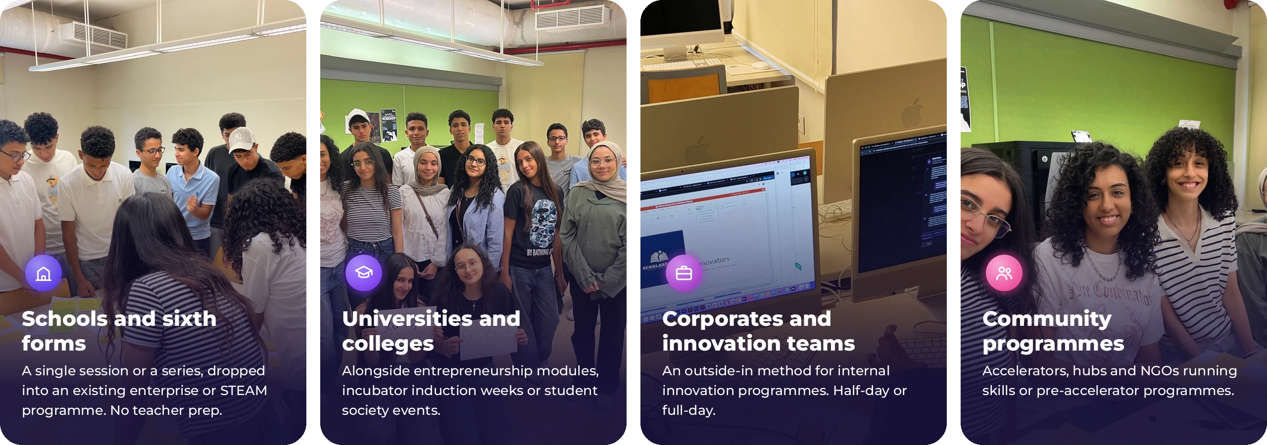 Startopia works with schools and sixth forms, universities and colleges, corporates and innovation teams, and community programmes